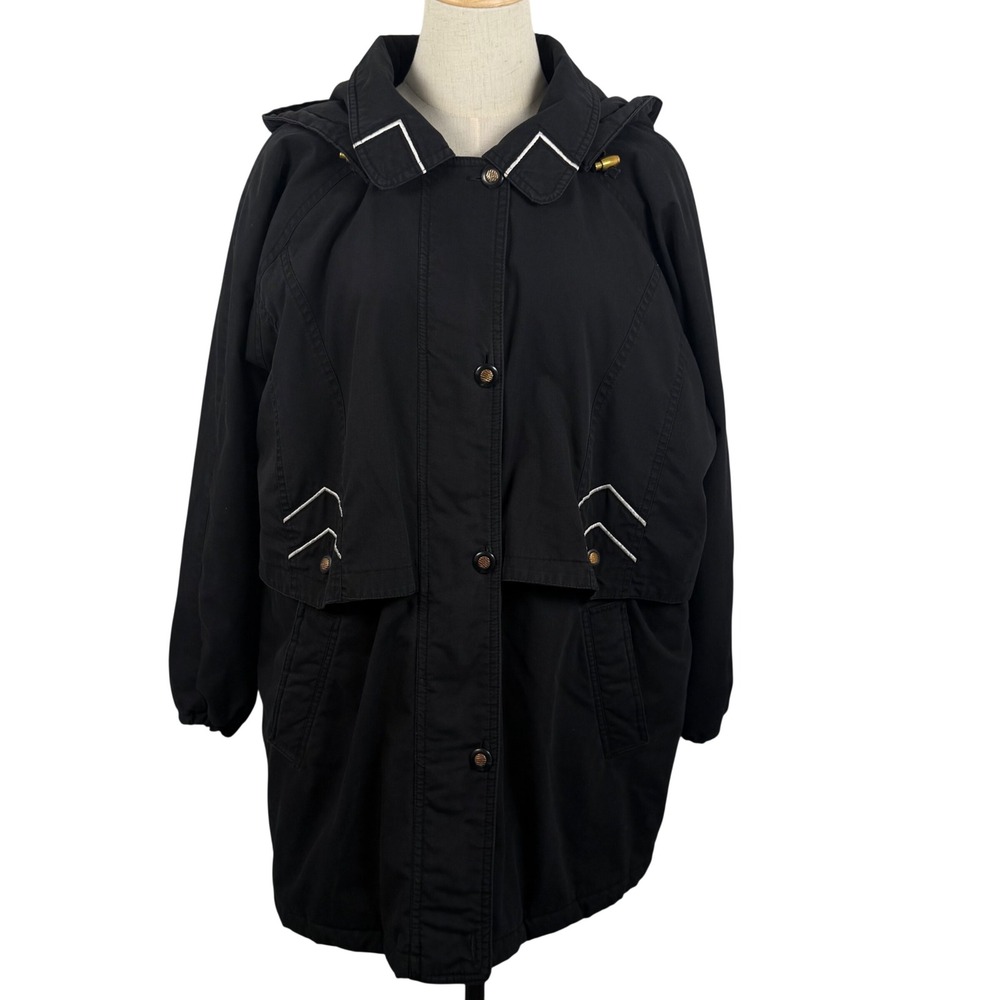 Vtg Basic Edition XL Parka Jacket Black Quilted Lined Removable Hood Utility Y2K